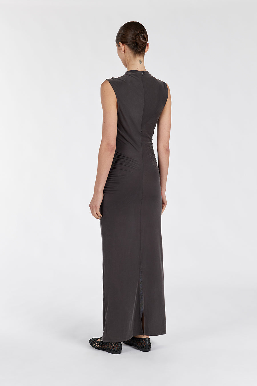 Boston Slate Ruched Midi Bodycon Dress with Back Split