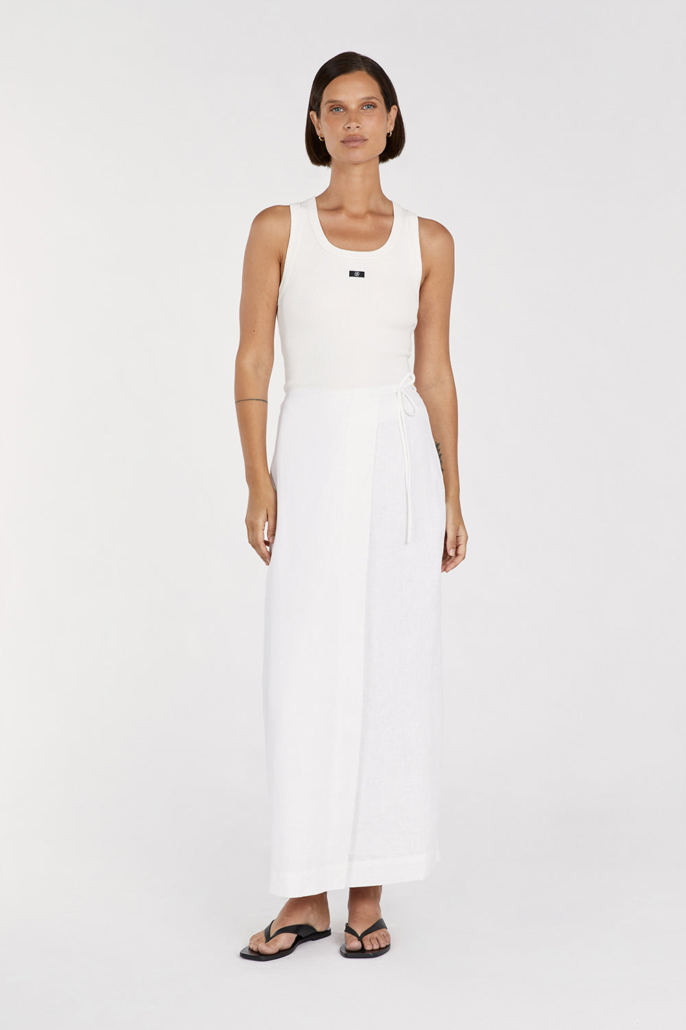 White Linen Wrap Midi Skirt - High Waisted Summer Skirt
