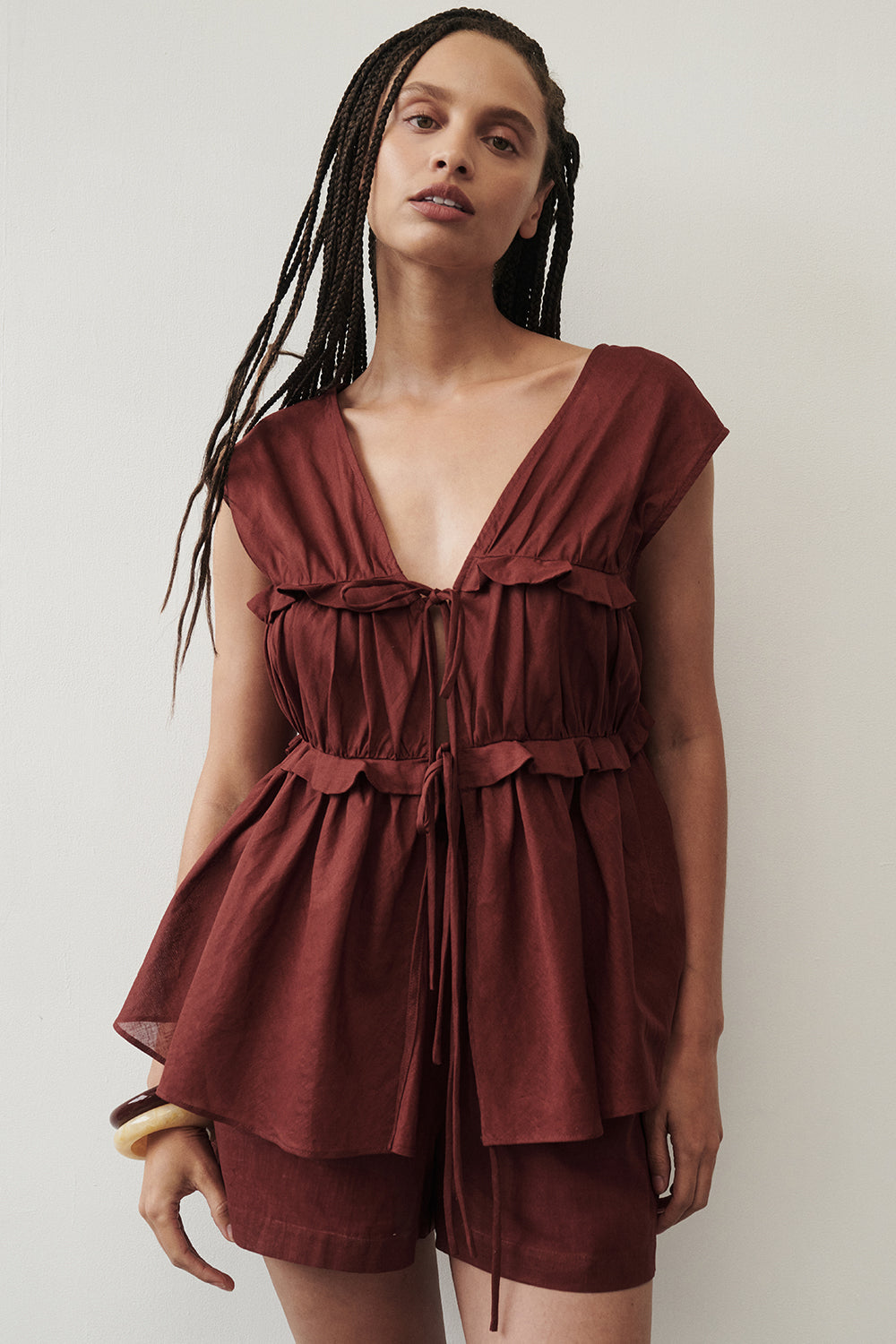Quinn Sahara Linen Ruffle Top with V-Neck & Adjustable Tie