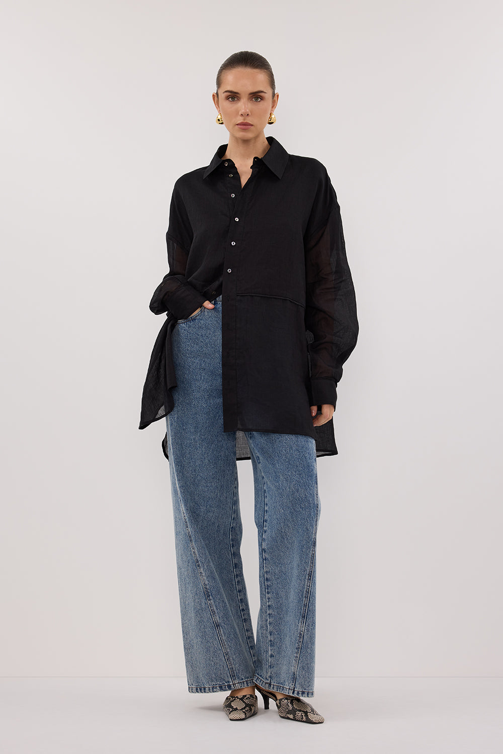 GIGI Black Ramie Long Sleeve Collared Shirt
