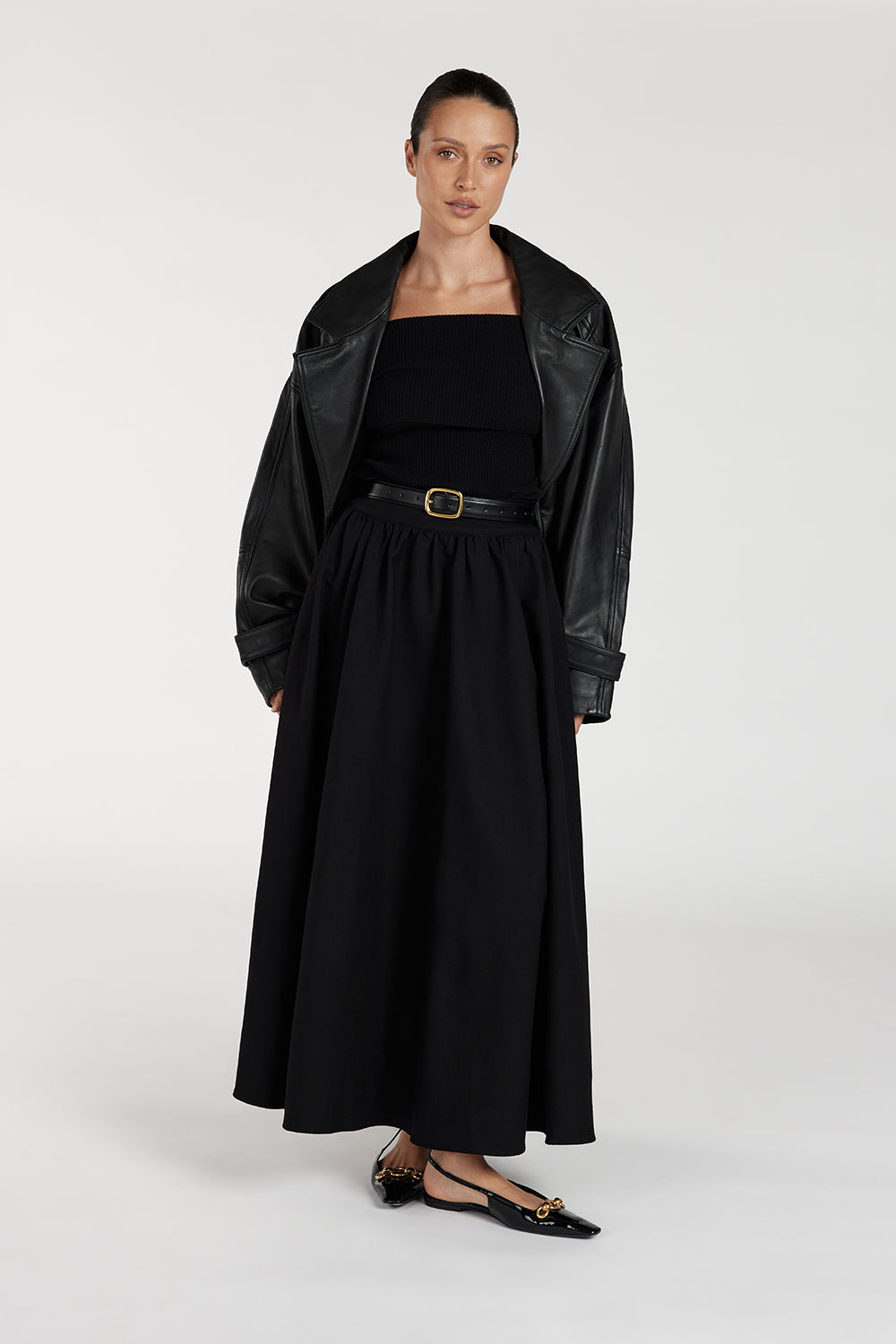 Willow Black High Waist Midi Skirt with Belt Loops
