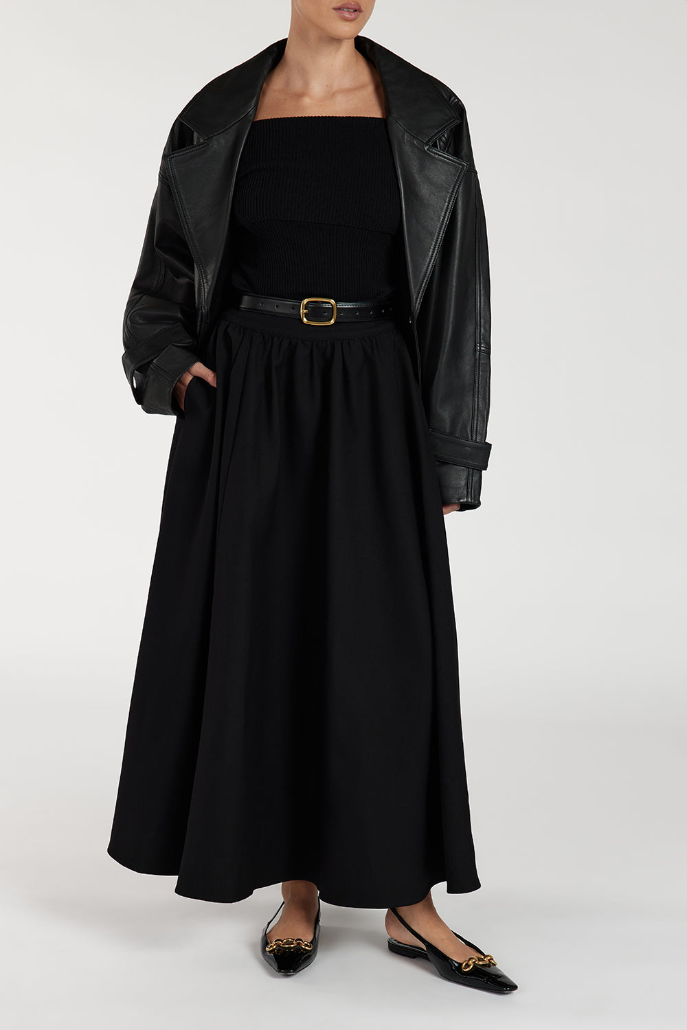 Willow Black High Waist Midi Skirt with Belt Loops