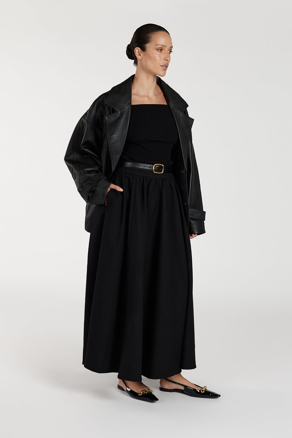 Willow Black High Waist Midi Skirt with Belt Loops