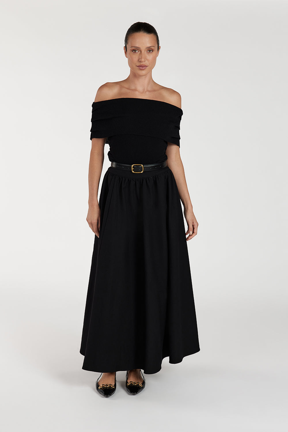 Willow Black High Waist Midi Skirt with Belt Loops