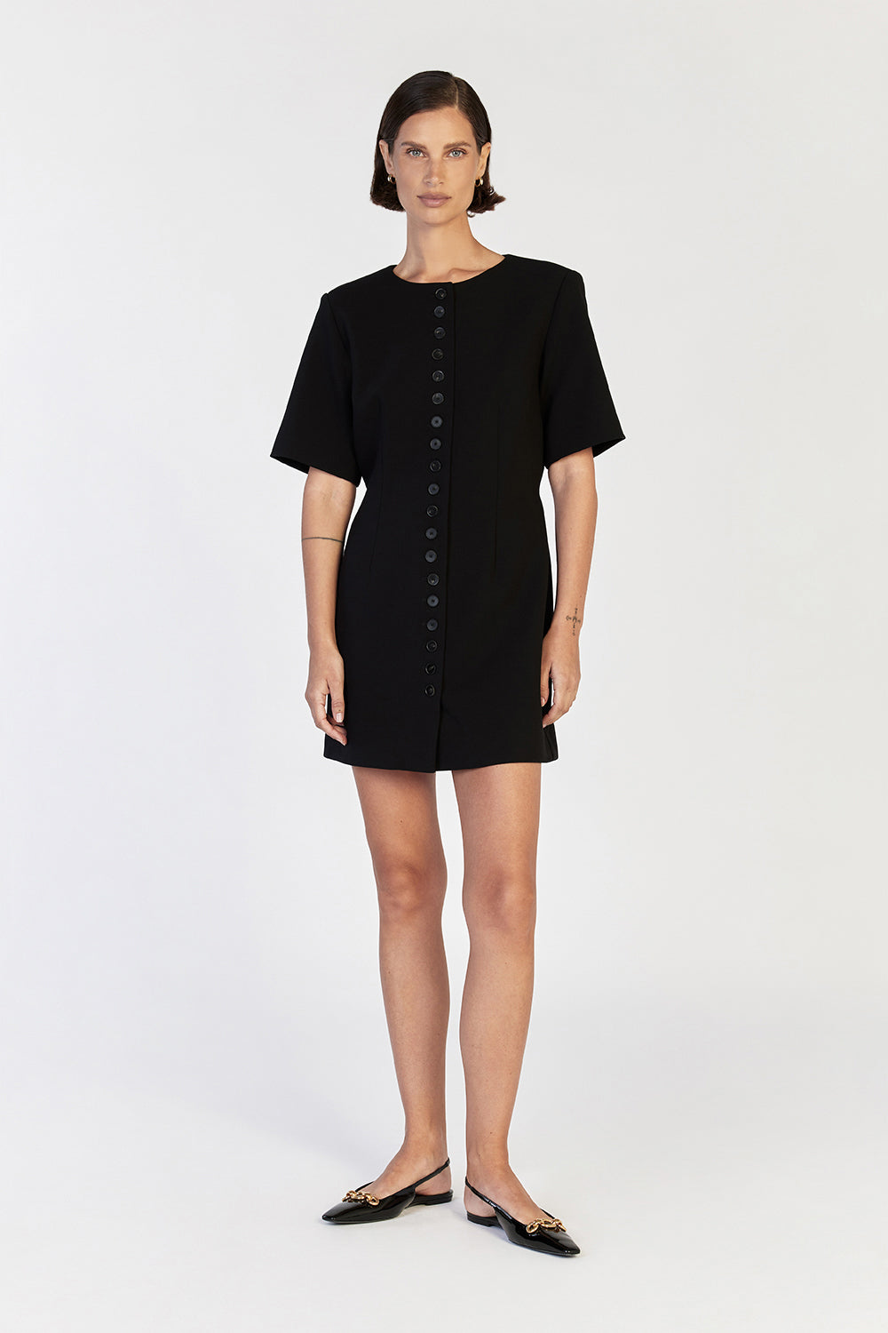 Lia Black Sleeved Mini Dress with Waist Tie - Boxy Fit A-Line