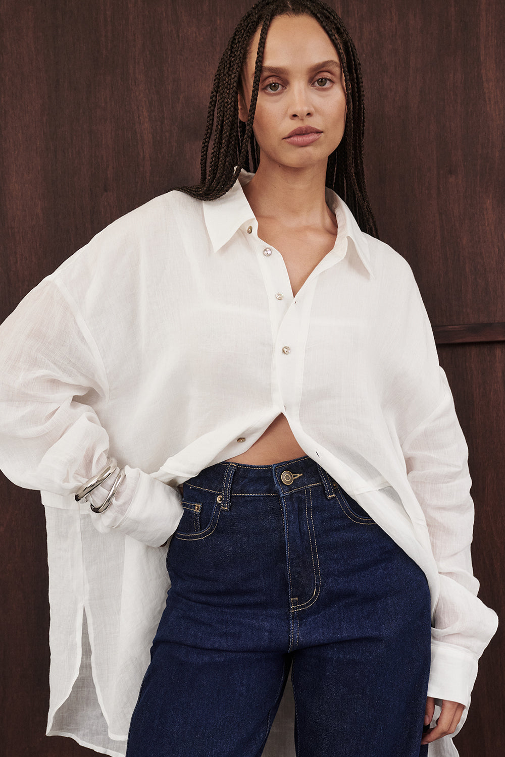 Gigi White Ramie Long Sleeve Button-Up Shirt
