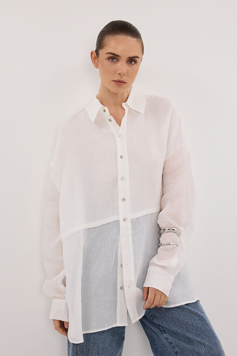 Gigi White Ramie Long Sleeve Button-Up Shirt
