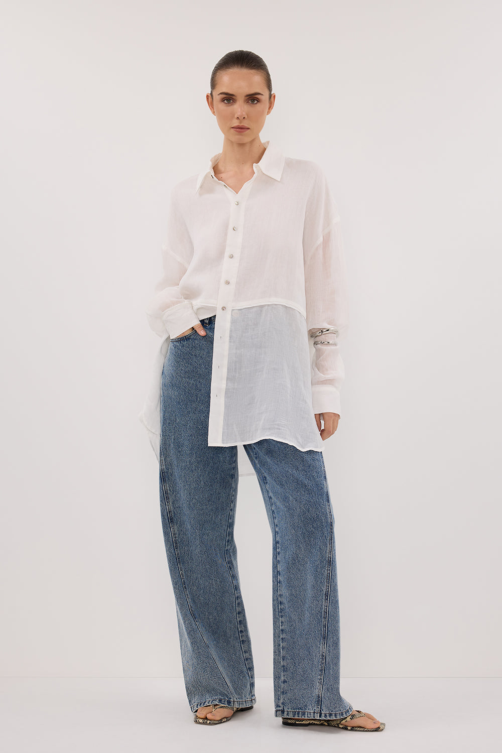 Gigi White Ramie Long Sleeve Button-Up Shirt