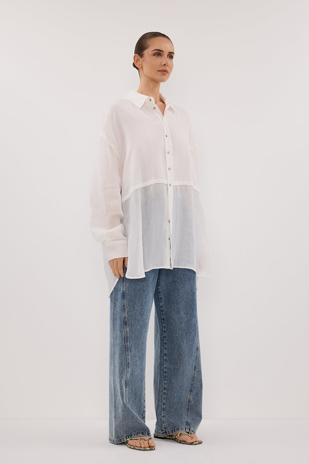 Gigi White Ramie Long Sleeve Button-Up Shirt