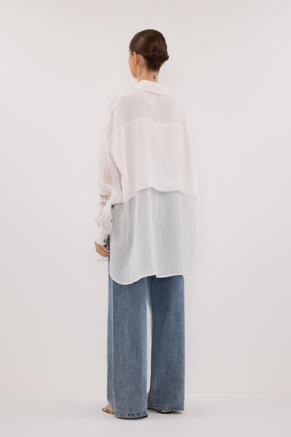 Gigi White Ramie Long Sleeve Button-Up Shirt