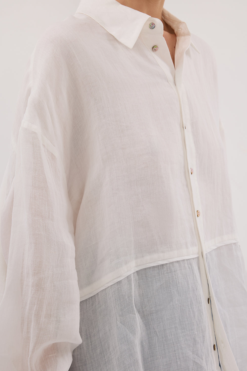 Gigi White Ramie Long Sleeve Button-Up Shirt