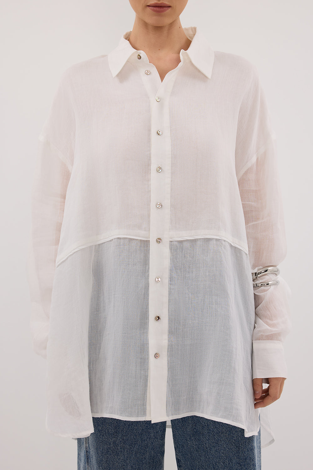 Gigi White Ramie Long Sleeve Button-Up Shirt