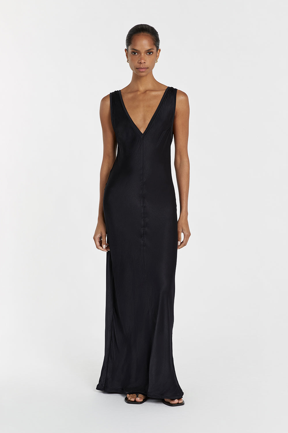 Brie Slate Satin Slip Midi Dress with V-Neck & Open Back
