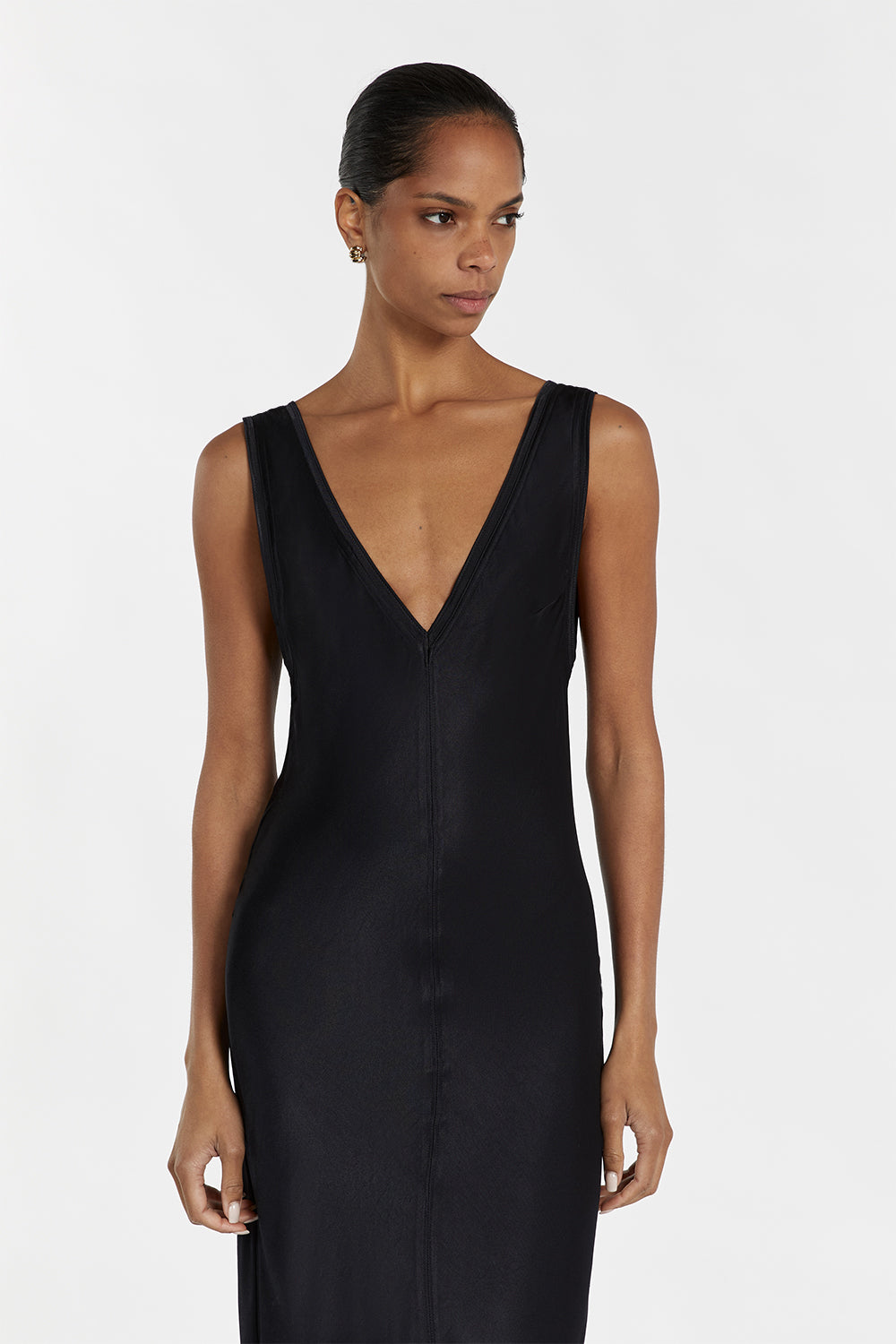 Brie Slate Satin Slip Midi Dress with V-Neck & Open Back