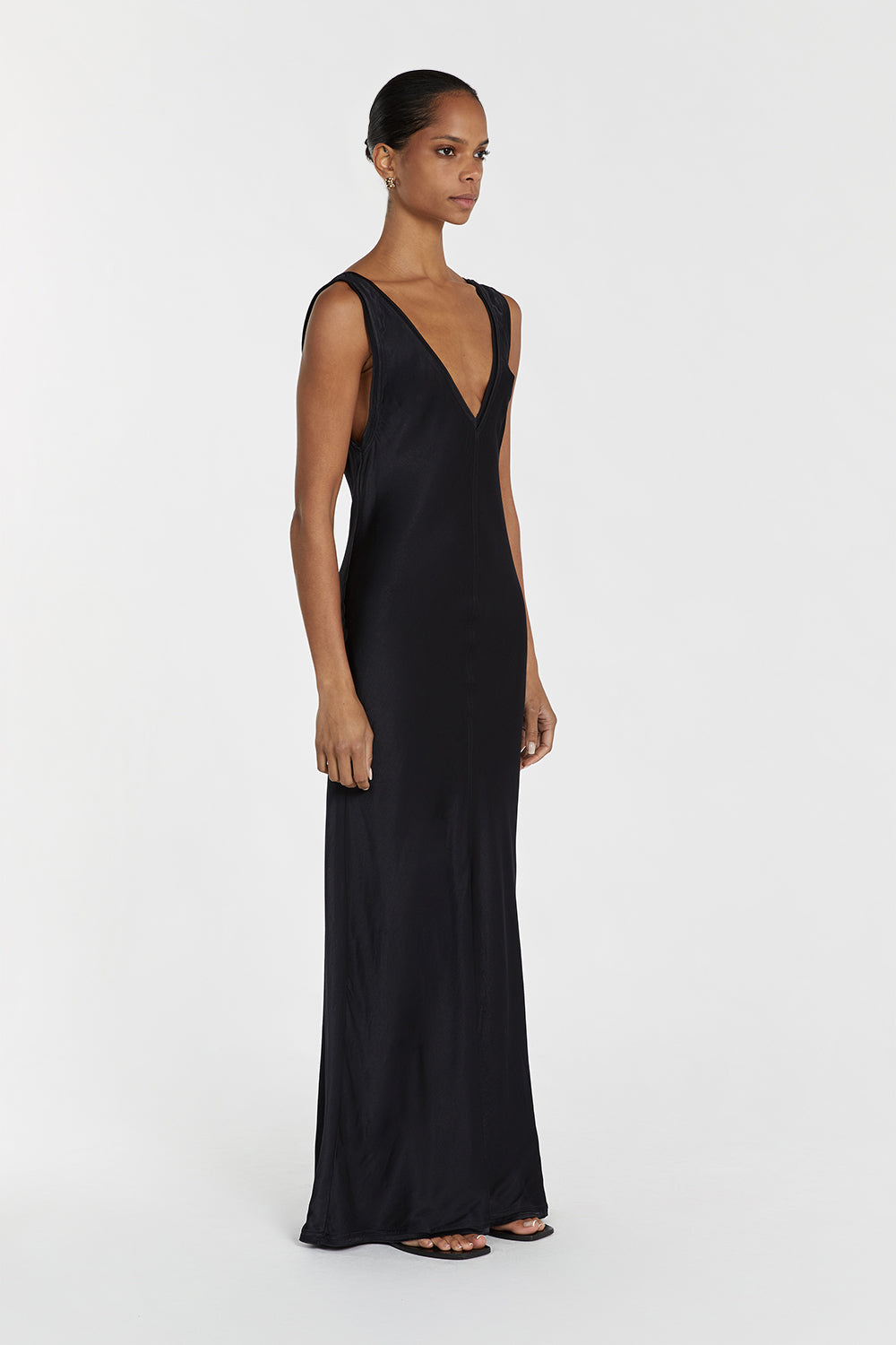 Brie Slate Satin Slip Midi Dress with V-Neck & Open Back