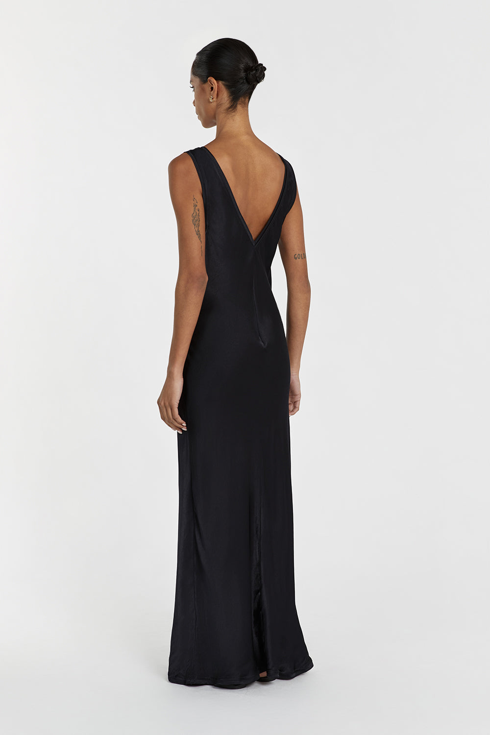 Brie Slate Satin Slip Midi Dress with V-Neck & Open Back