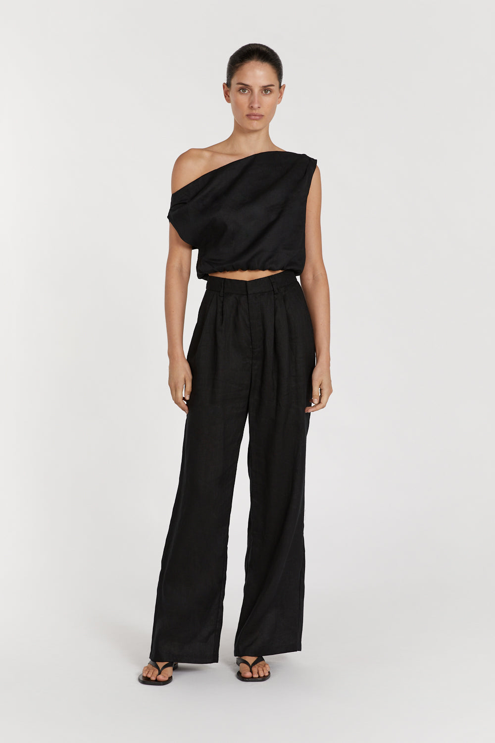 Black Linen Off-Shoulder Crop Top - Asymmetric Design