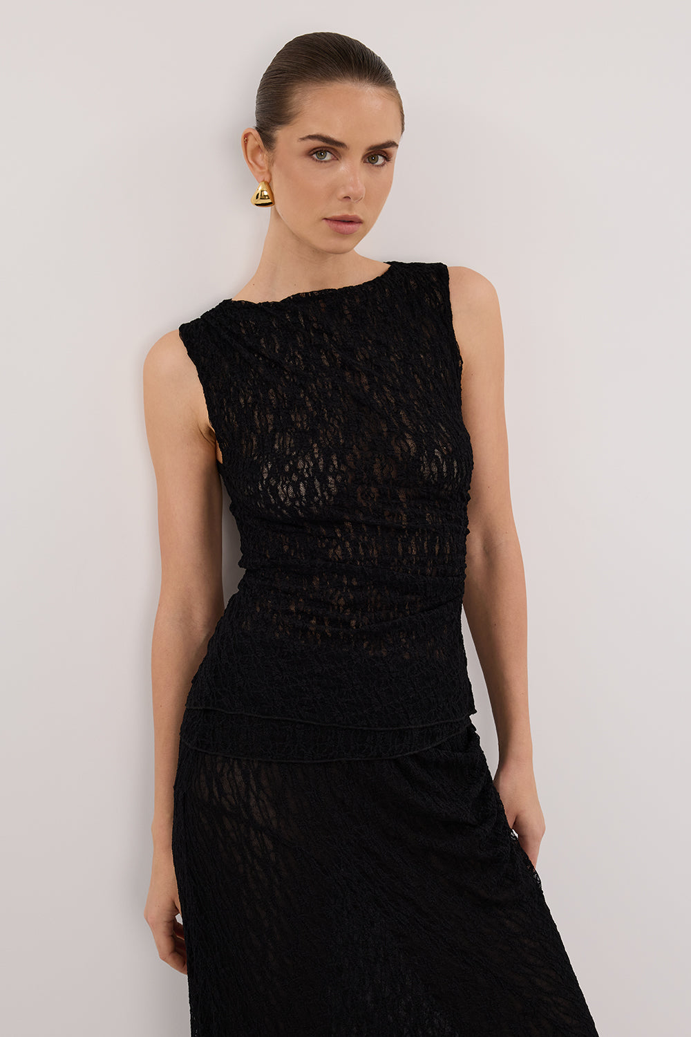 Lizzie Black Lace Sleeveless Top with Boat Neck