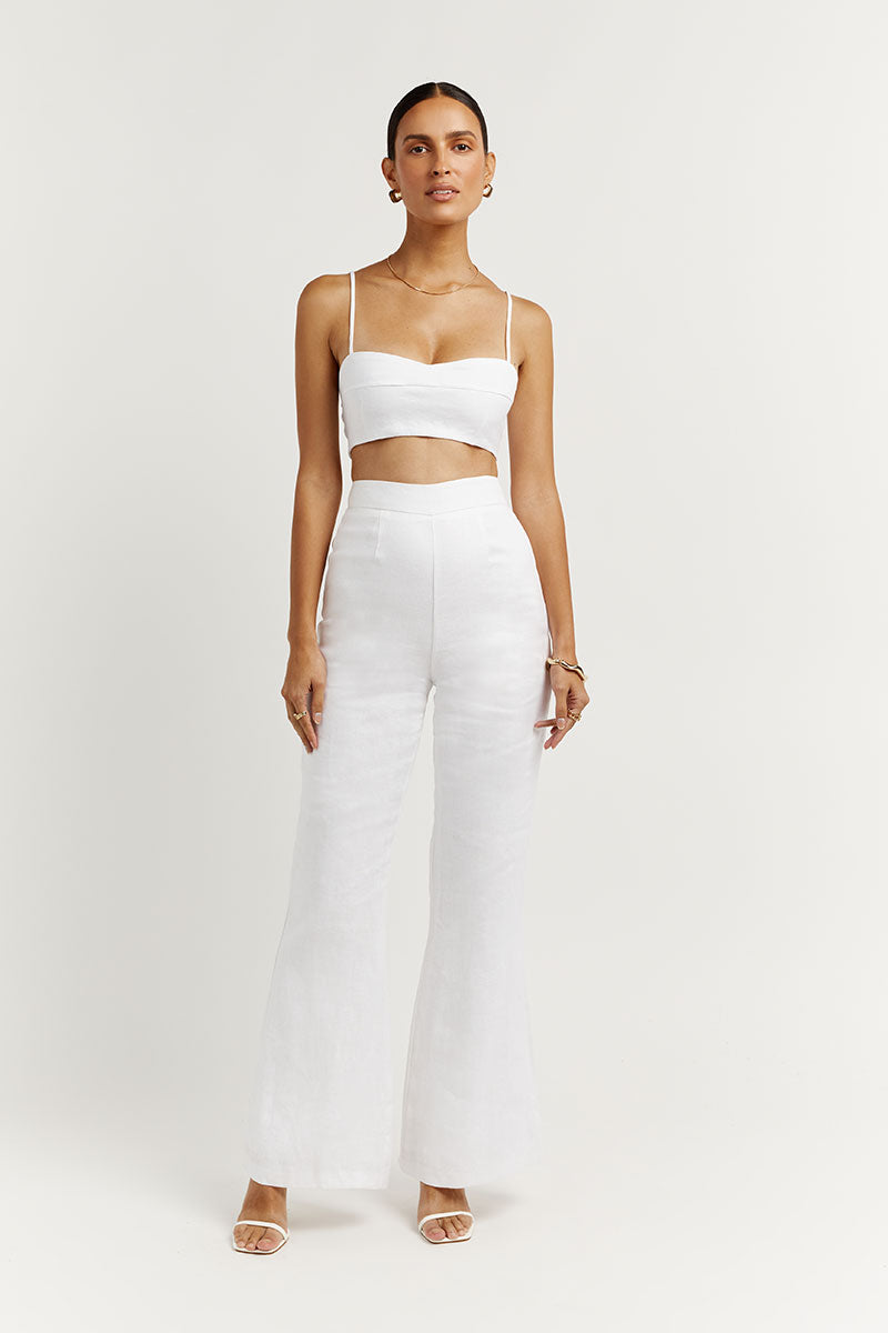 High Waisted White Linen Flare Pants - Tailored Aisle Pant