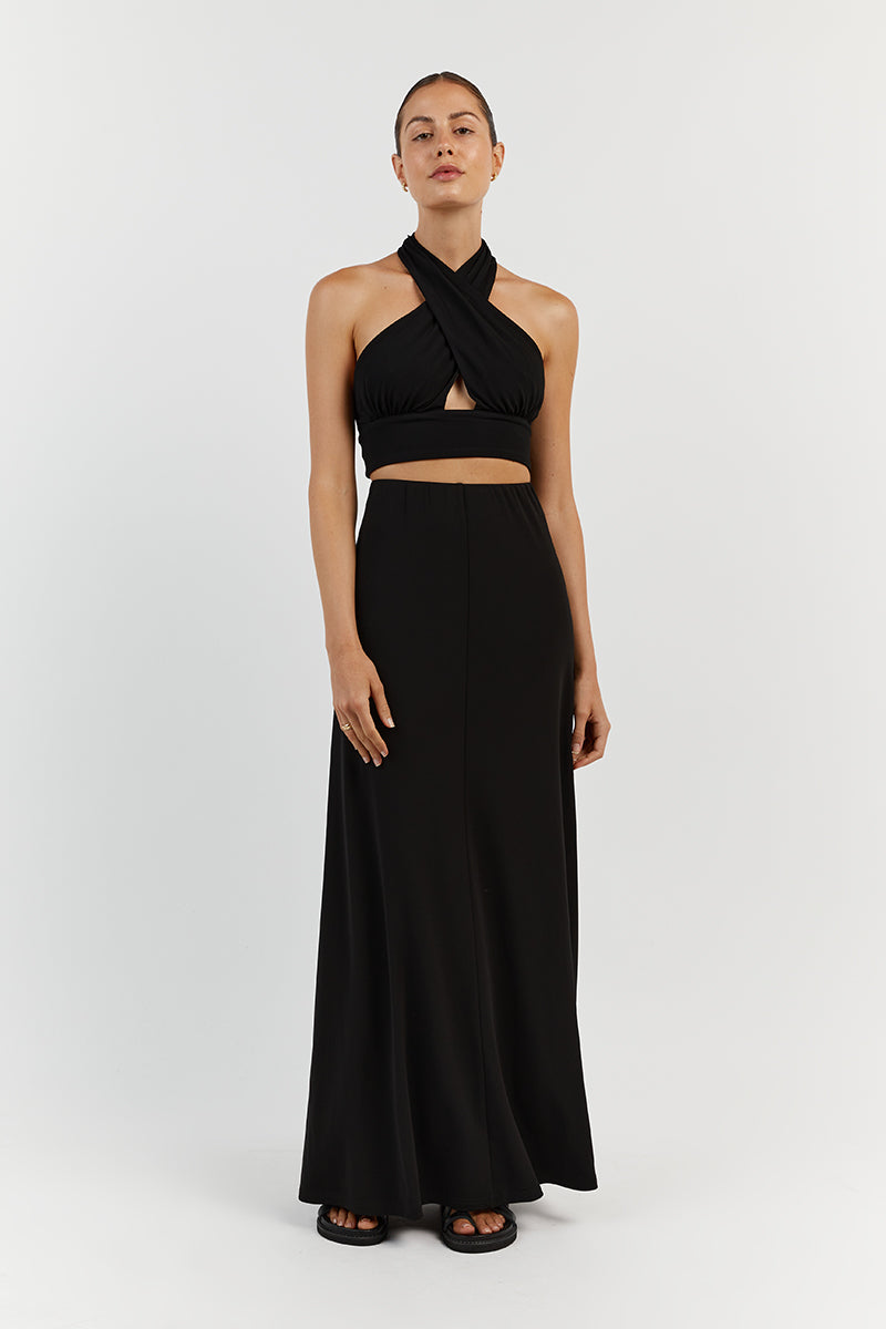 Amalfi Black High Waist A-Line Midi Skirt - Lightweight Jersey