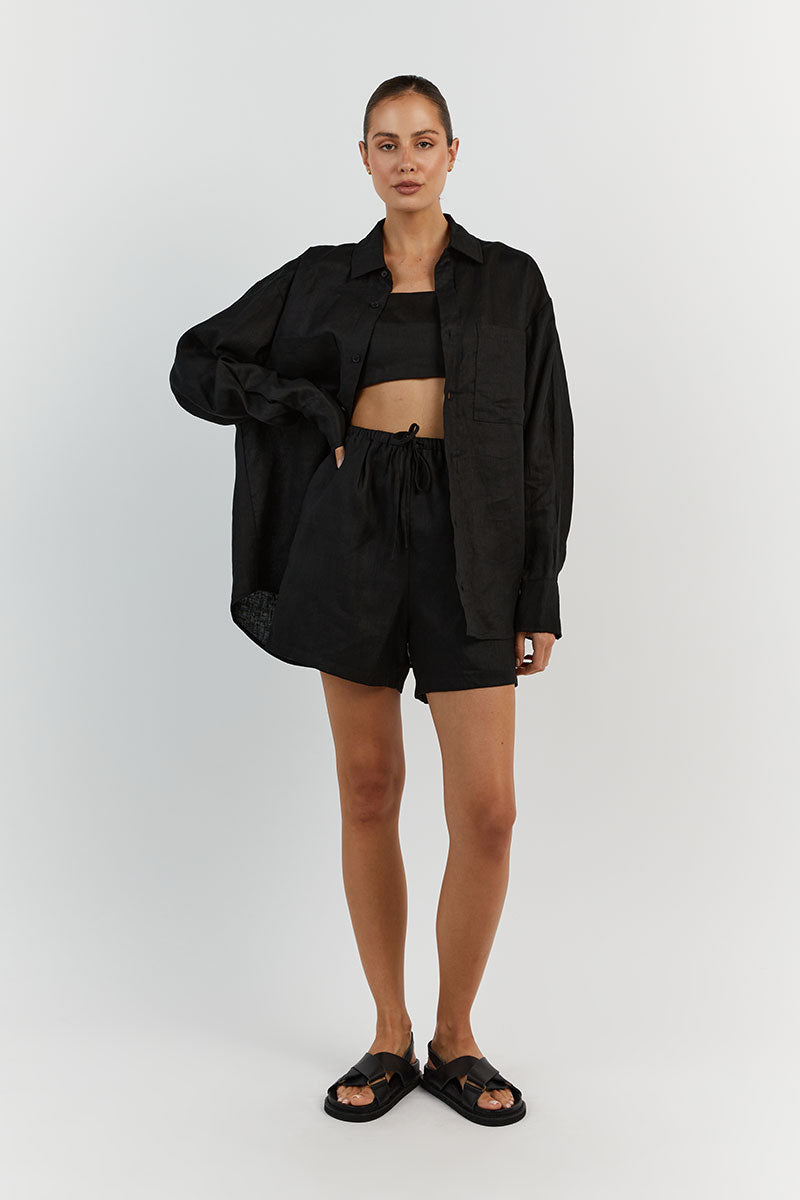Hazel Black Linen Shirt for Women – Relaxed Fit Long Sleeve