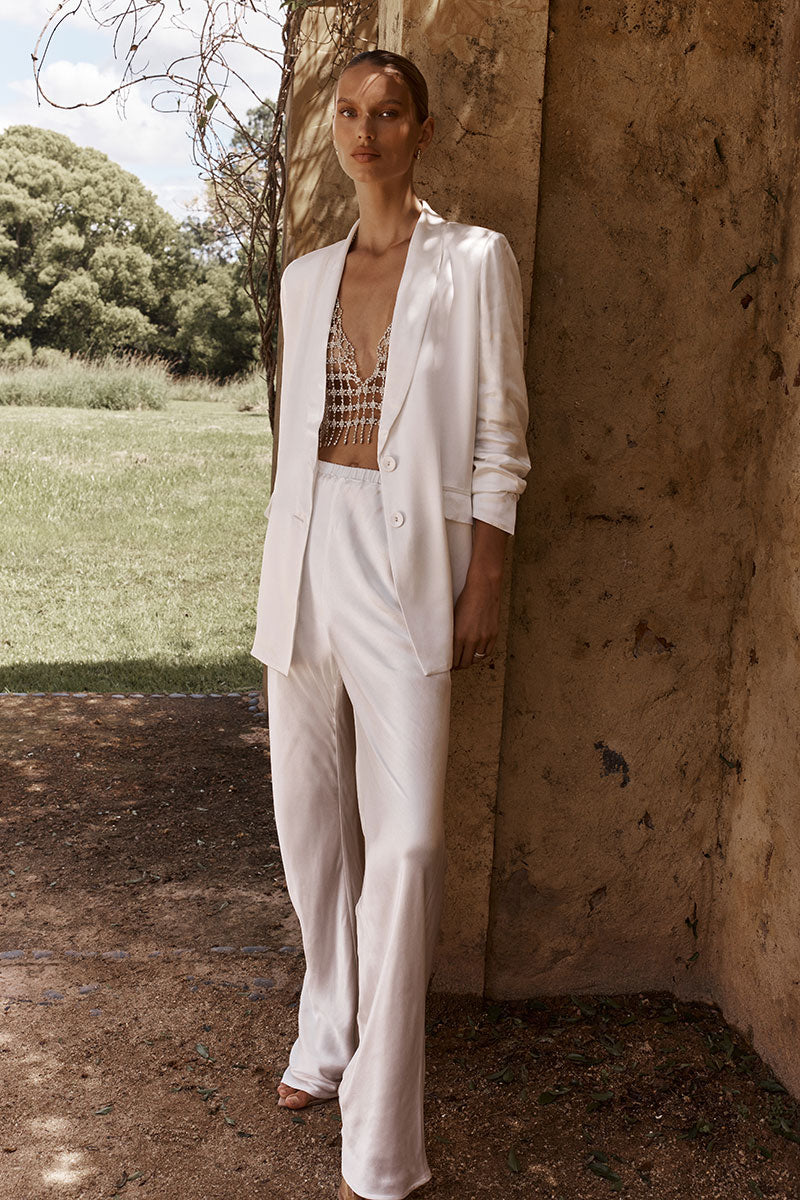White Satin High Waist Bias Cut Pants - Elastic Waistband