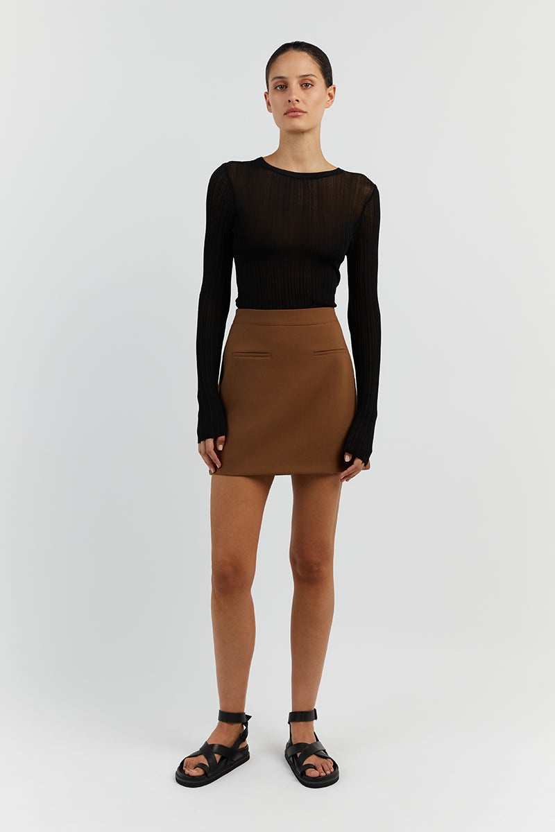 Rowan High Waist Mini Skirt in Caramel - Tailored Fit & Lined