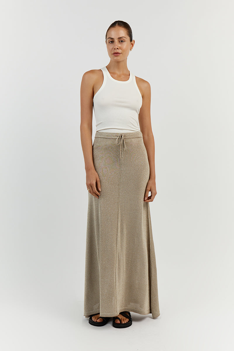 Nico Gold Midi Skirt with Elastic Waist & Drawstring