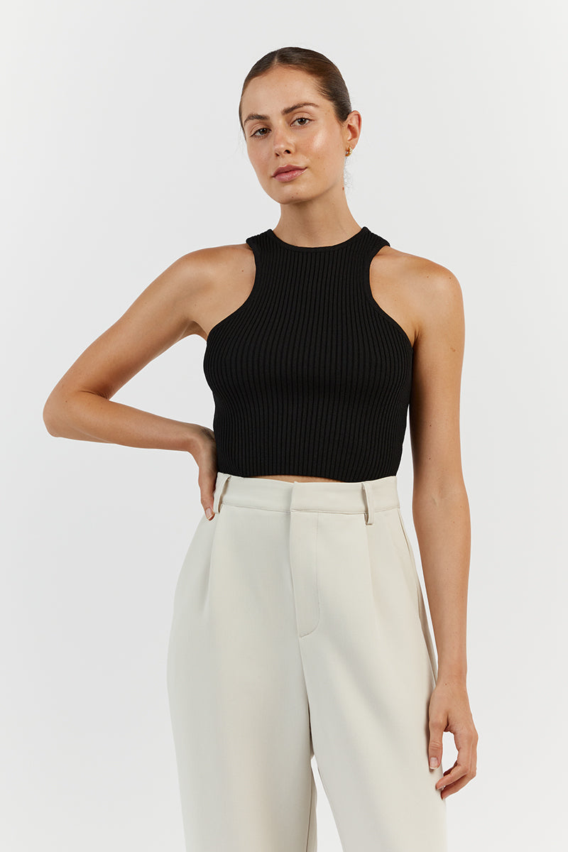 Olympia Black Rib Knit Crop Tank Top - Slim Fit Sleeveless