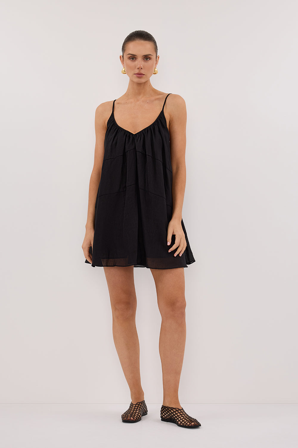 Kahn Black Ramie Mini Dress with V-Neck & Adjustable Straps