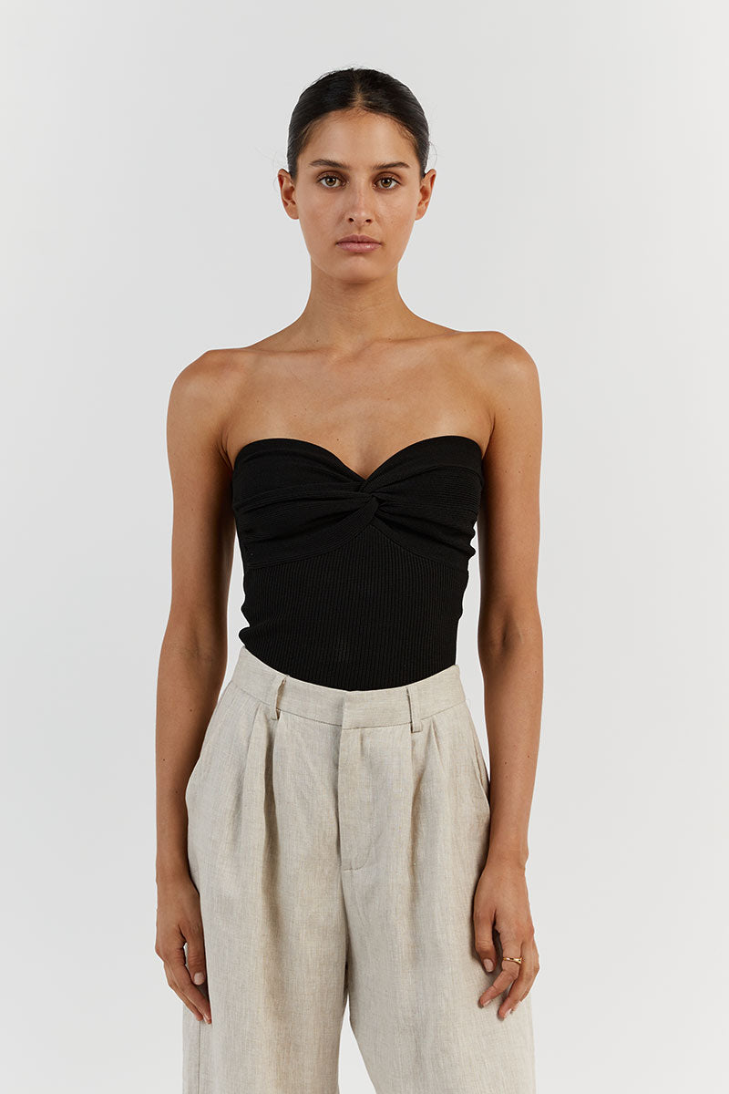 Anika Black Ribbed Strapless Crop Top with Twisted Knot Detail