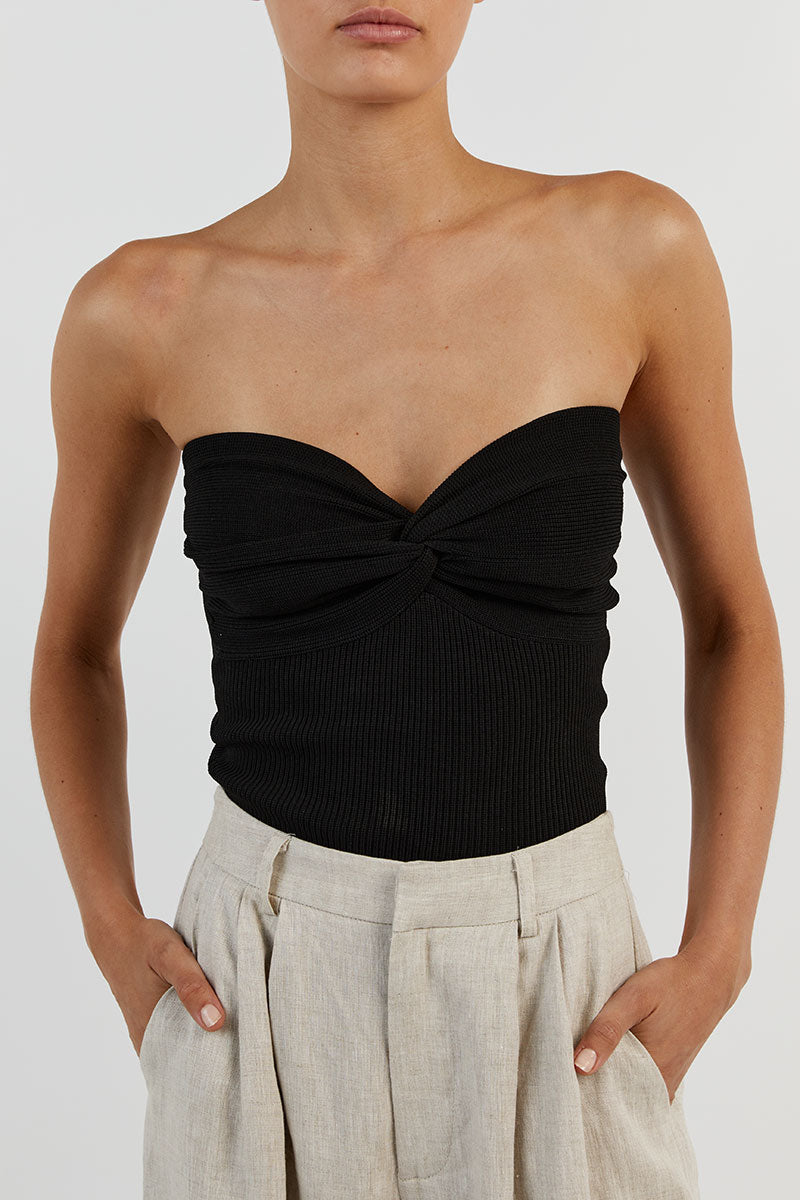 Anika Black Ribbed Strapless Crop Top with Twisted Knot Detail