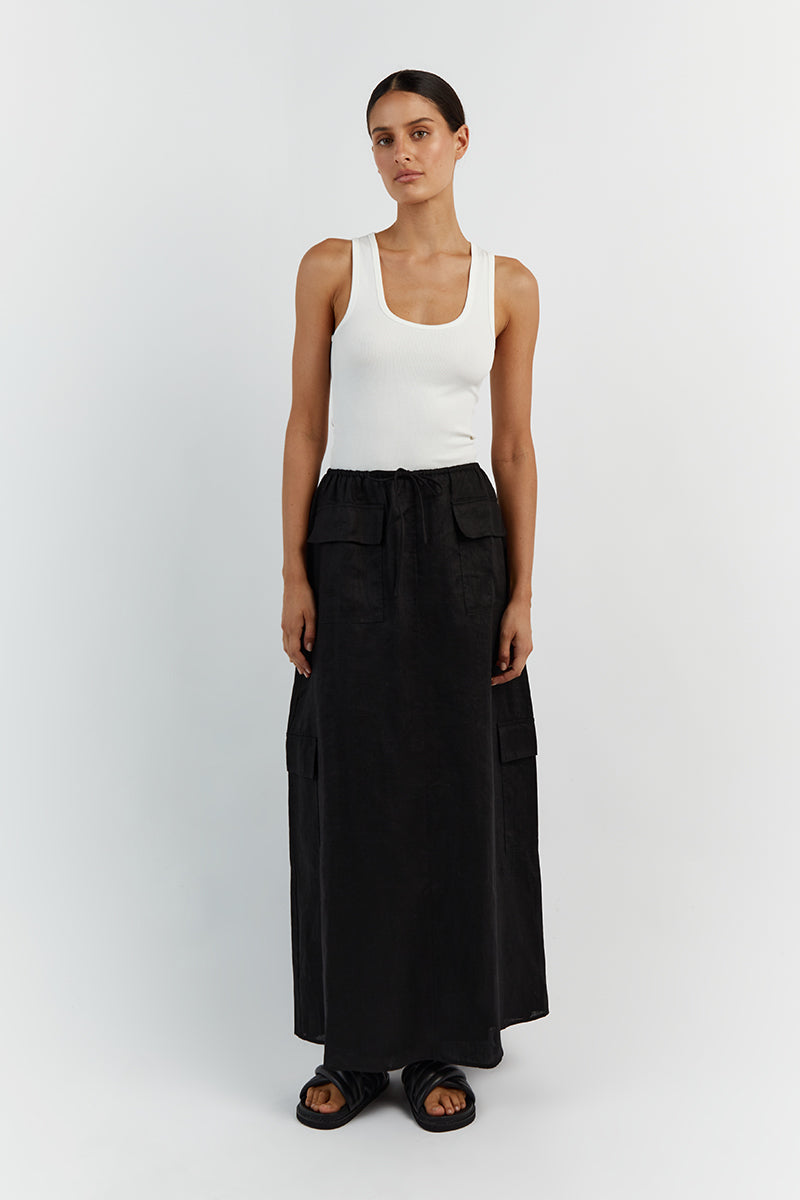 Black Linen Cargo Maxi Skirt with Pockets – ISLA