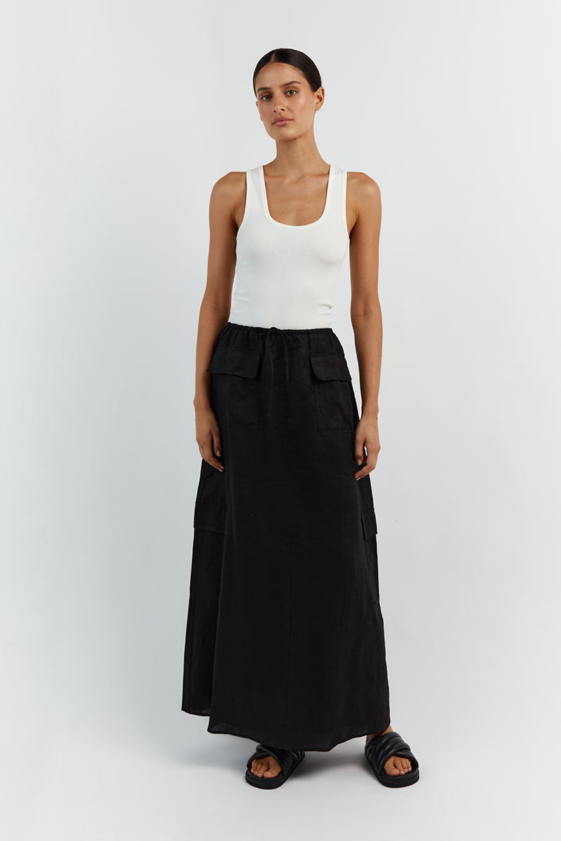 Black Linen Cargo Maxi Skirt with Pockets – ISLA