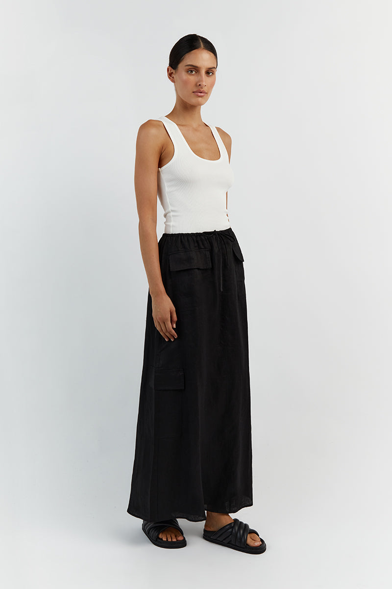 Black Linen Cargo Maxi Skirt with Pockets – ISLA