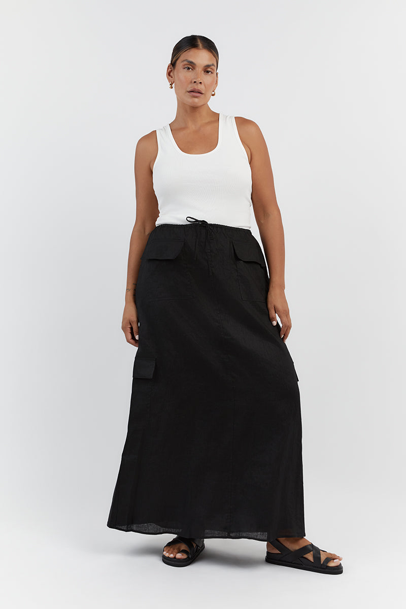 Black Linen Cargo Maxi Skirt with Pockets – ISLA