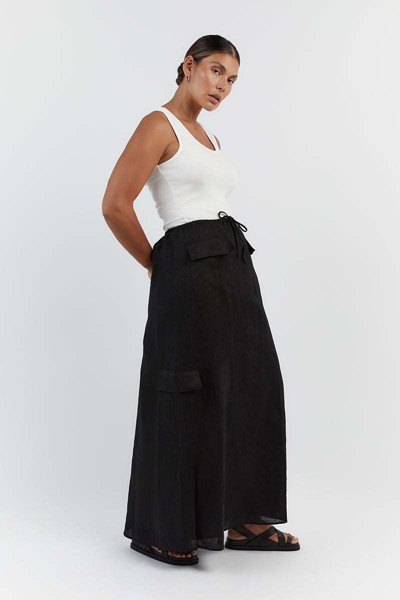 Black Linen Cargo Maxi Skirt with Pockets – ISLA