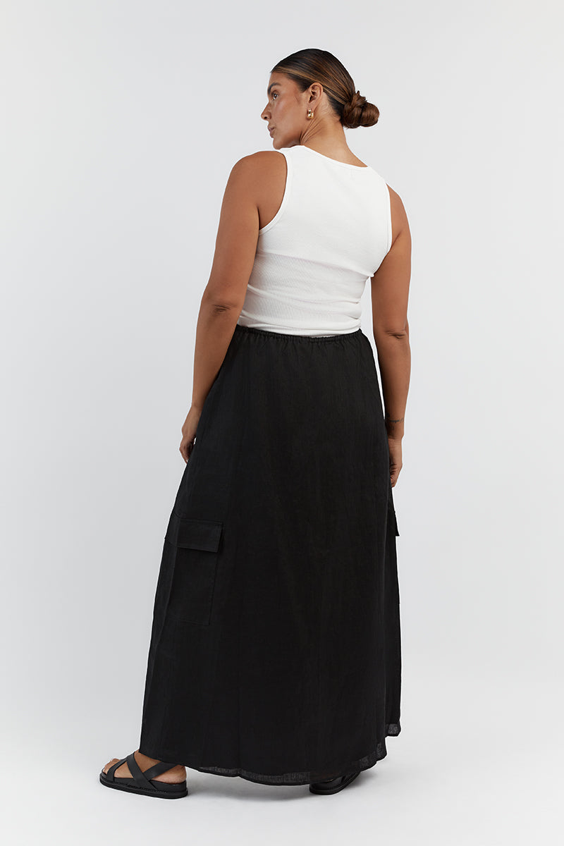 Black Linen Cargo Maxi Skirt with Pockets – ISLA