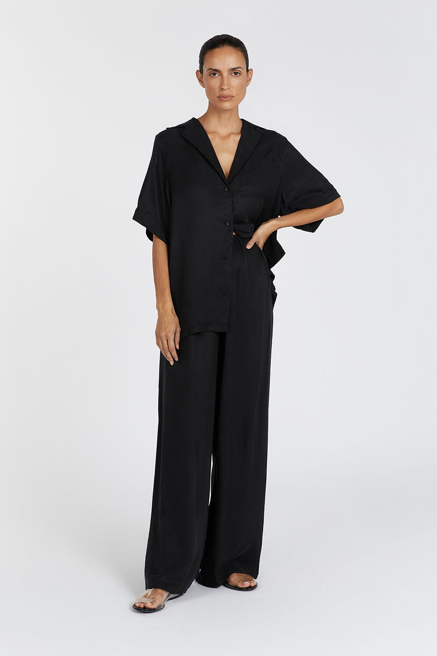 Kingston High Waist Cupro Wide Leg Pants - Relaxed Fit & Adjustable Drawstring