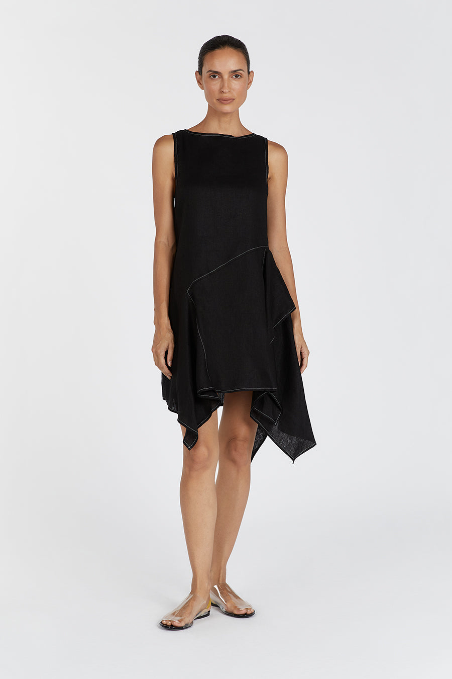 Elsie Black Linen Mini Dress with Asymmetric Hem