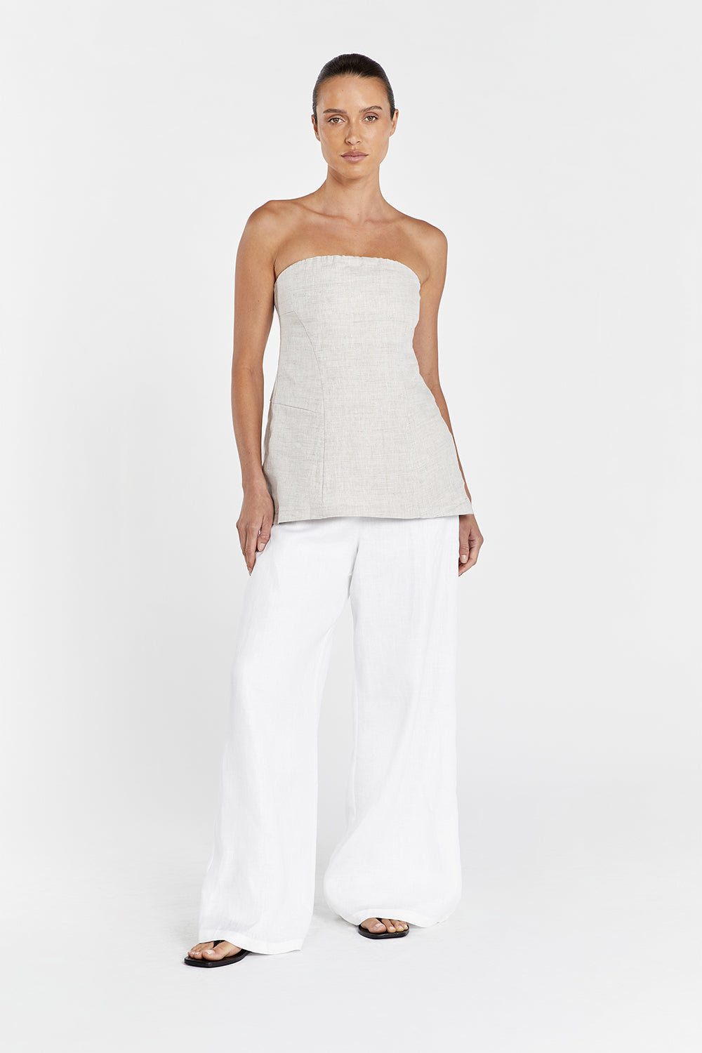 Beige Linen Strapless Top with Tailored Bodice & Elastic Back