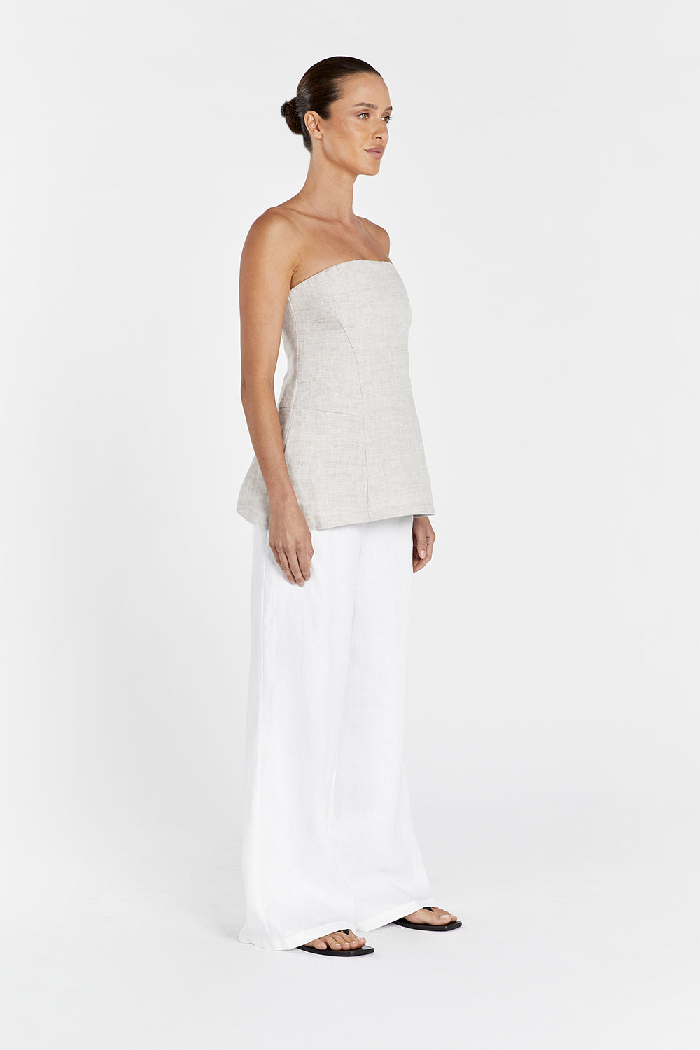 Beige Linen Strapless Top with Tailored Bodice & Elastic Back