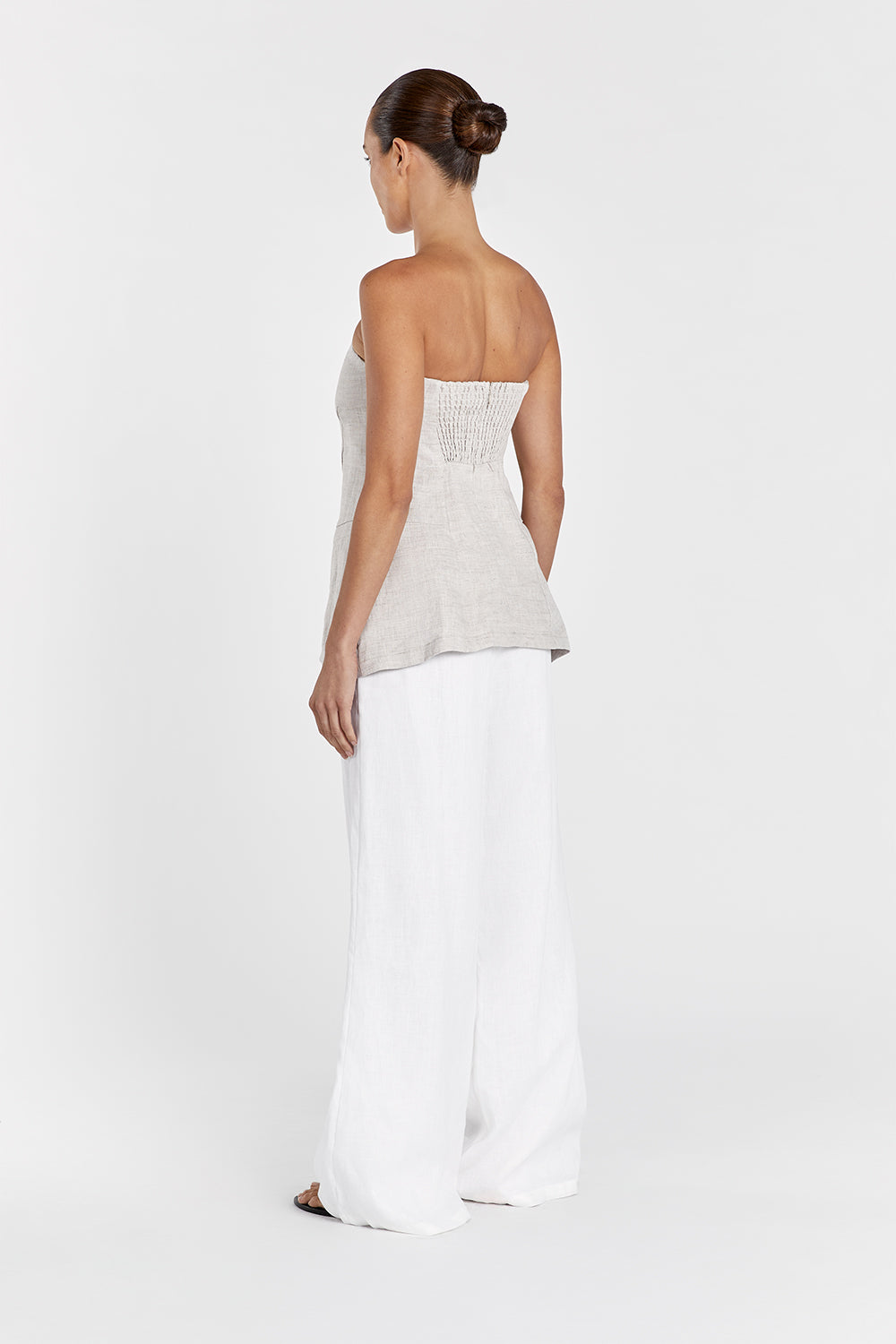Beige Linen Strapless Top with Tailored Bodice & Elastic Back
