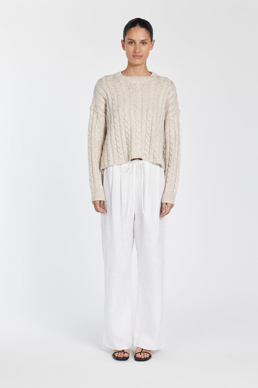 Casey Chalk Marle Cable Knit Sweater - Relaxed Crew Neck Jumper