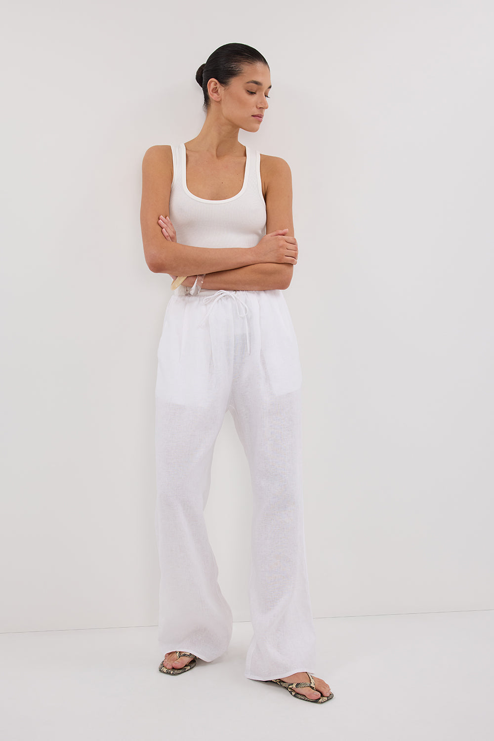 Carla White Linen Drawstring Pants with Pockets