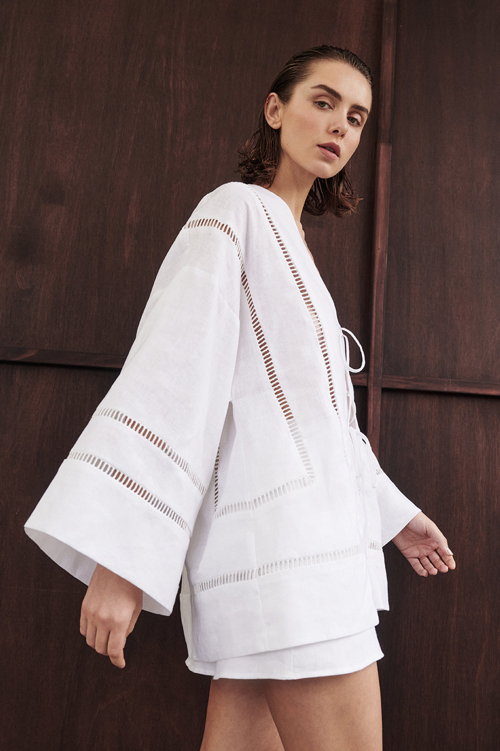 Lindsay White Linen Kimono Top with Lace Details & Adjustable Ties