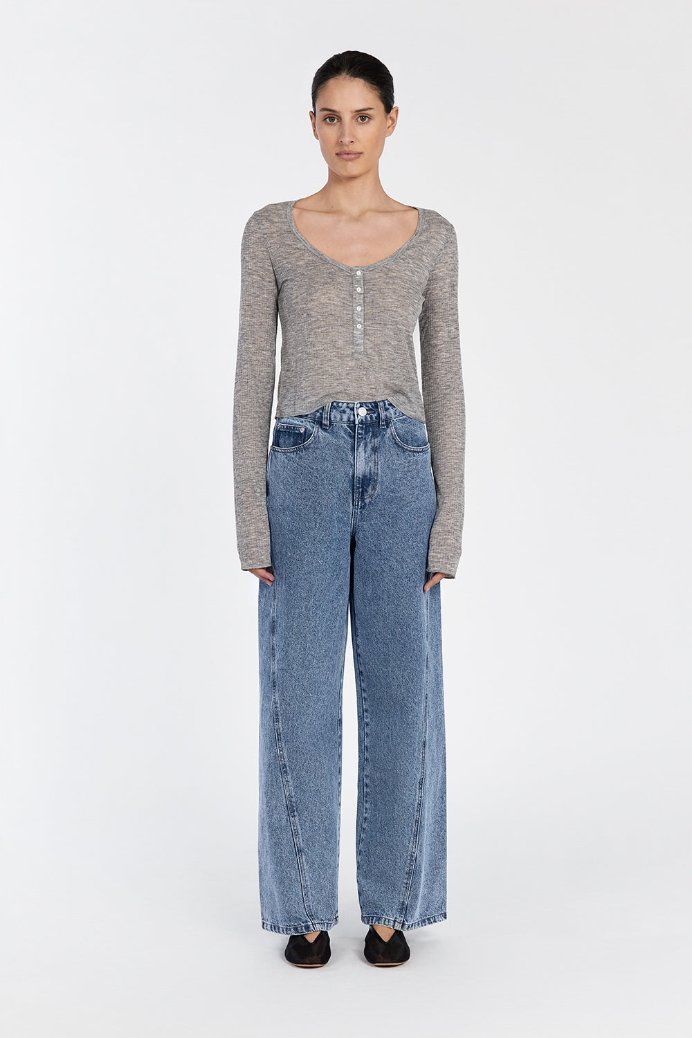 Arden Grey Cotton Marle Long Sleeve Top with Button Placket