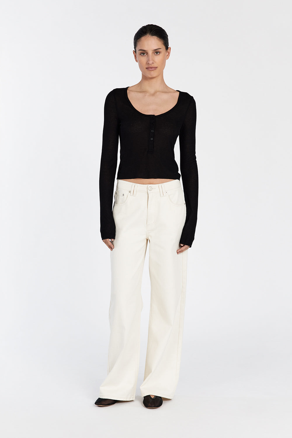 Arden Black Cotton Long Sleeve Top with Scoop Neck