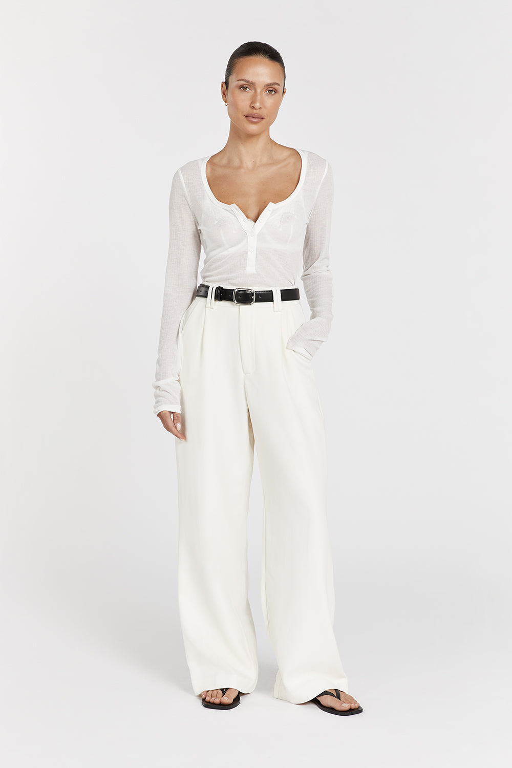 Arden Cotton Long Sleeve Knit Top - Off White Scoop Neck
