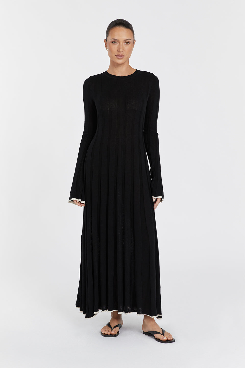 Black Ribbed Knit Midi Dress with Contrast Hem & Waist Tie